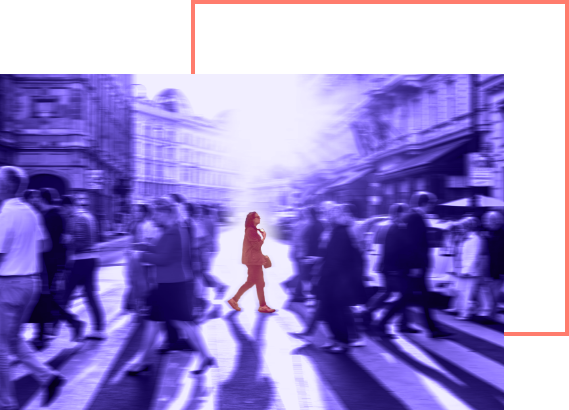 concept photo: human figure highlighted with orange in the purple crowd